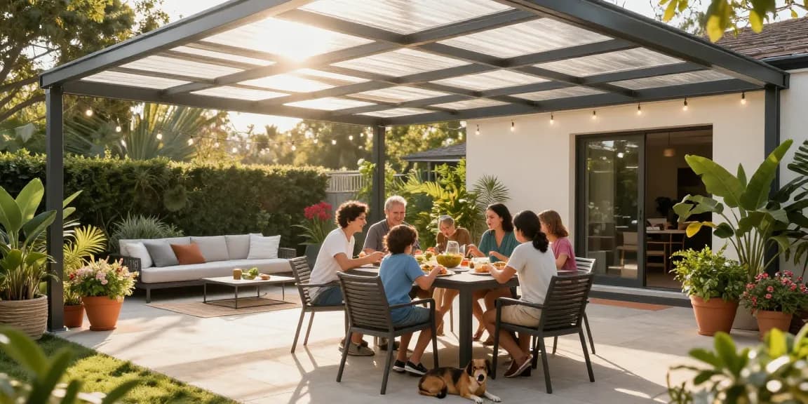 Terrassenüberdachungen in modernem Design, Familie genießt das Essen auf der Terrasse.