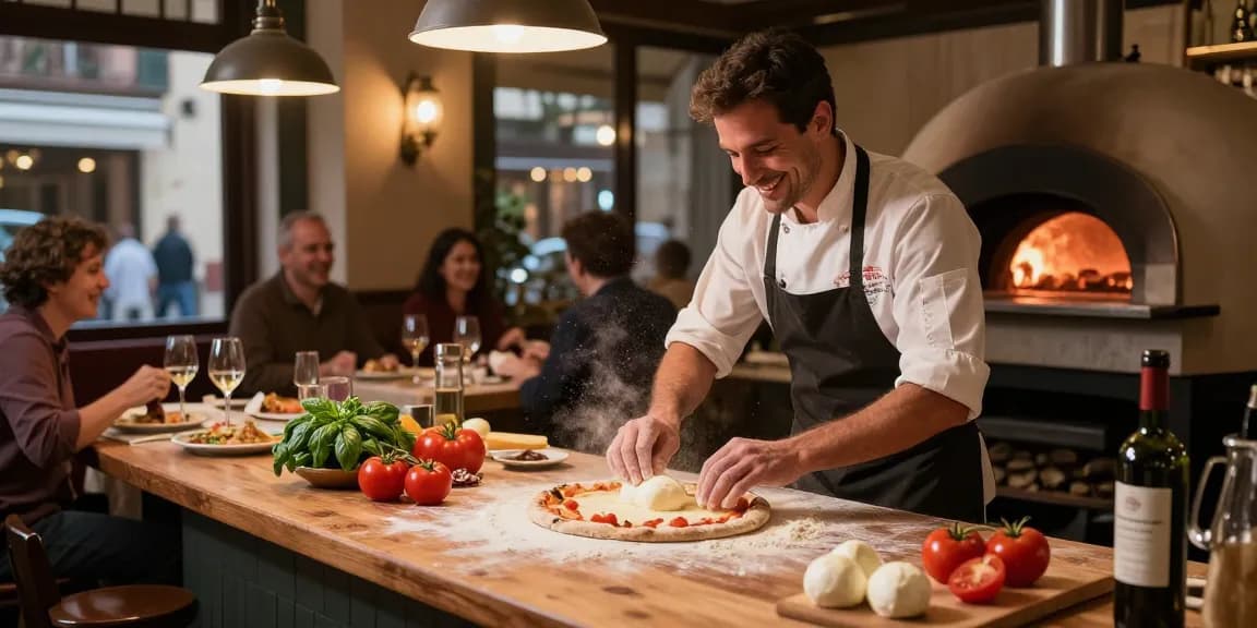 Authentic Italian pizza preparation scene at Pizzeria Madera showcasing the art of pg soft dough making.