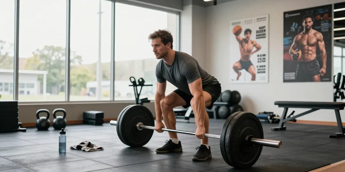 Akra Labs Steroid Shop: Athlet im modernen Fitnessstudio beim Kreuzheben mit Gewichten und optimistischem Umfeld.