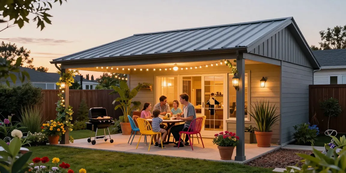 Moderne Terrassenüberdachung bietet Schutz bei einem Grillabend im Garten.