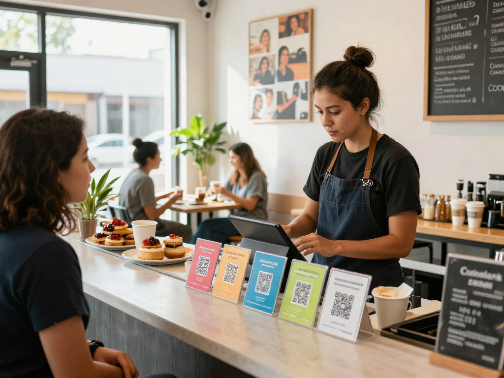 Engaging loyalty program experience at a small café, showcasing customer interactions and loyalty rewards.