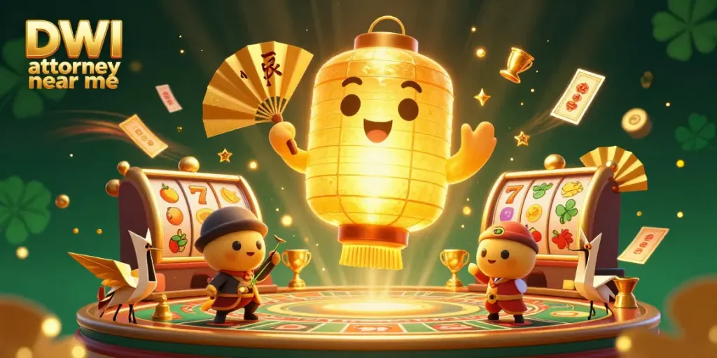 DWI attorney near me promotes a vibrant casino scene with golden lantern spirits and slot machines.