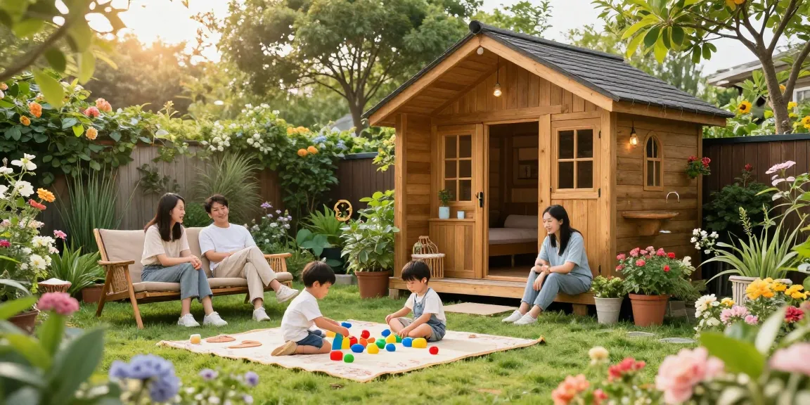 Gartenhaus kaufen in einem einladenden Garten, Familie genießt die Zeit um das neu installierte Gartenhaus.
