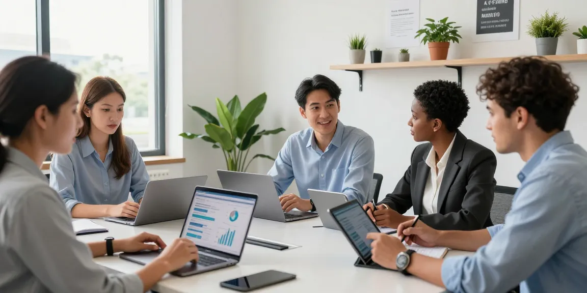 Wirtschaft und Verwaltung Wohnungsbaugenossenschaften professionals collaborating on data privacy strategies in a modern office