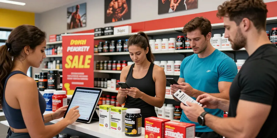 Einkaufsatmosphäre im Medi Pharma Steroid Shop mit Kunden, die Produkte auswählen und Beratung erhalten.