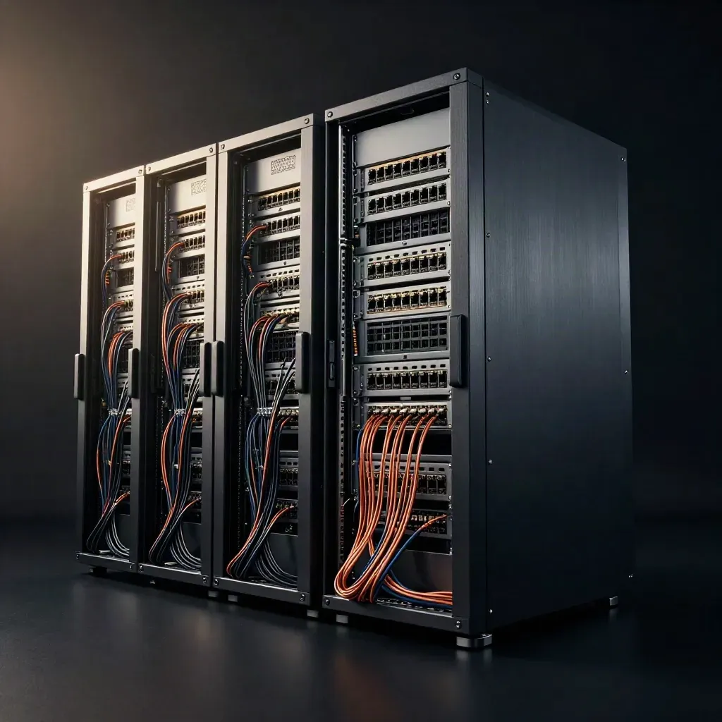 Dramatisches Server-Rack mit Kabeln und Glasfaser auf dunklem Studiohintergrund.