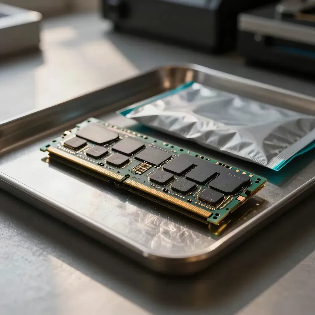 ECC-Speichermodule, Laufwerksschlitten, Wärmeleitpads und Antistatikbeutel auf Metalltray.