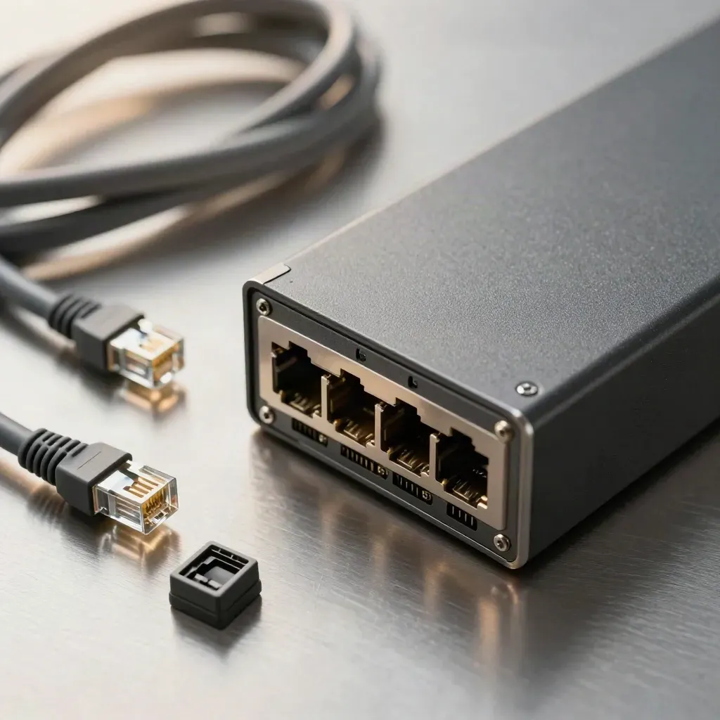 Netzwerk-Switch, Cat6-Kabel und RJ45-Stecker auf gebürstetem Metall, von oben fotografiert.