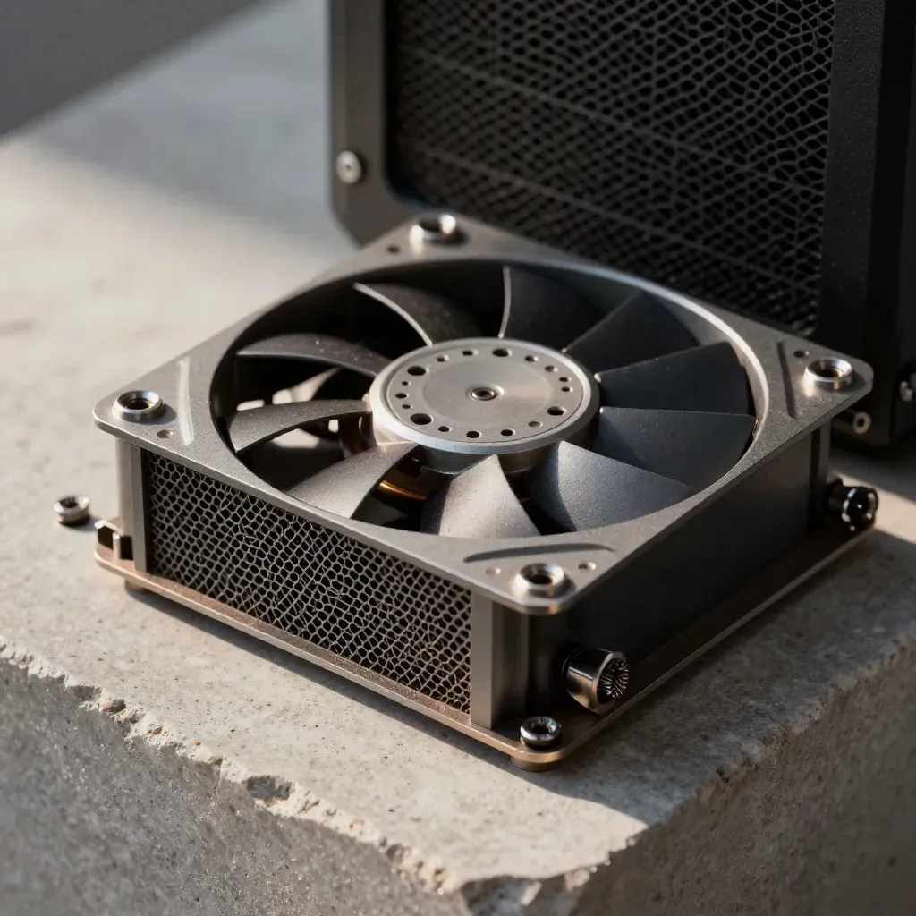 Serverlüftermodul, Staubfilter und Torx-Bits auf hellem Stein im dramatischen Licht.
