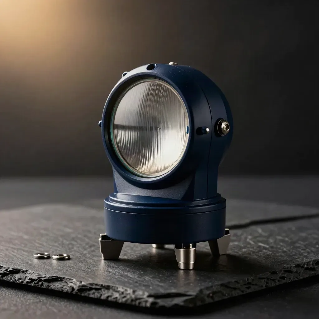 Industrie-Stacklight, Sensorscheibe und Metallhalterung auf dunklem Schiefer im dramatischen Licht.