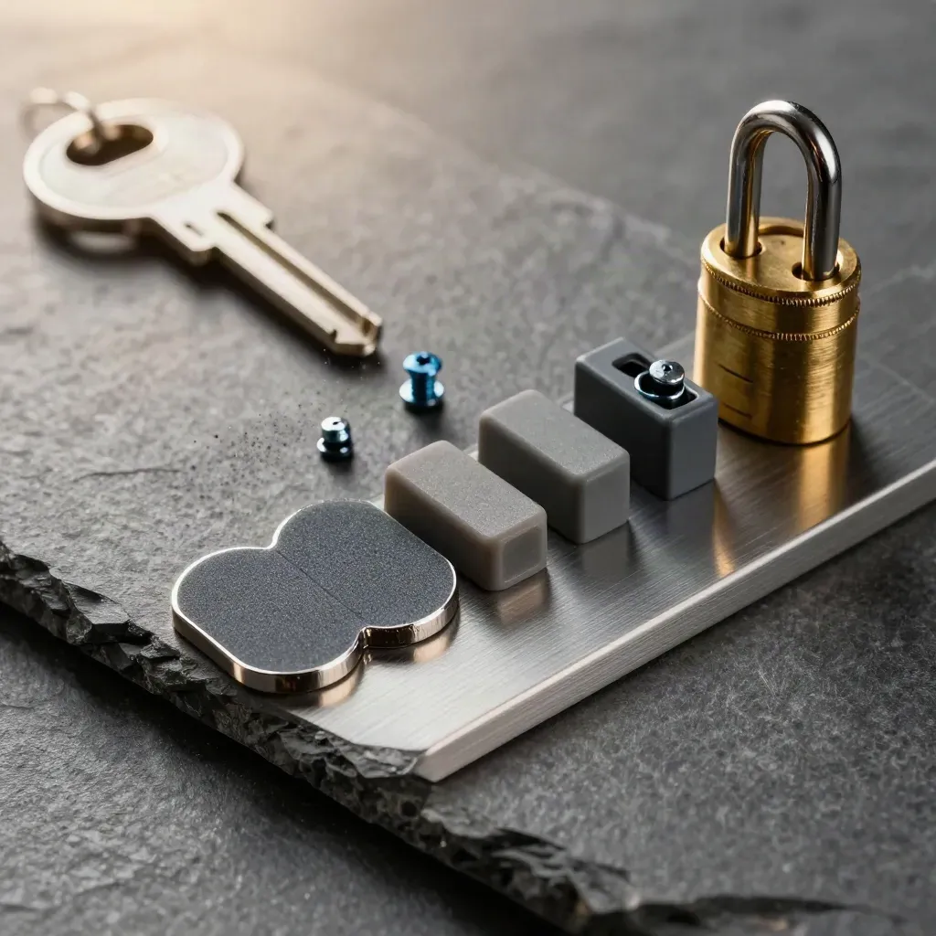 Sicherheitskit mit Bits, Portblockern und Messingzylinder neben einer Stahlkante