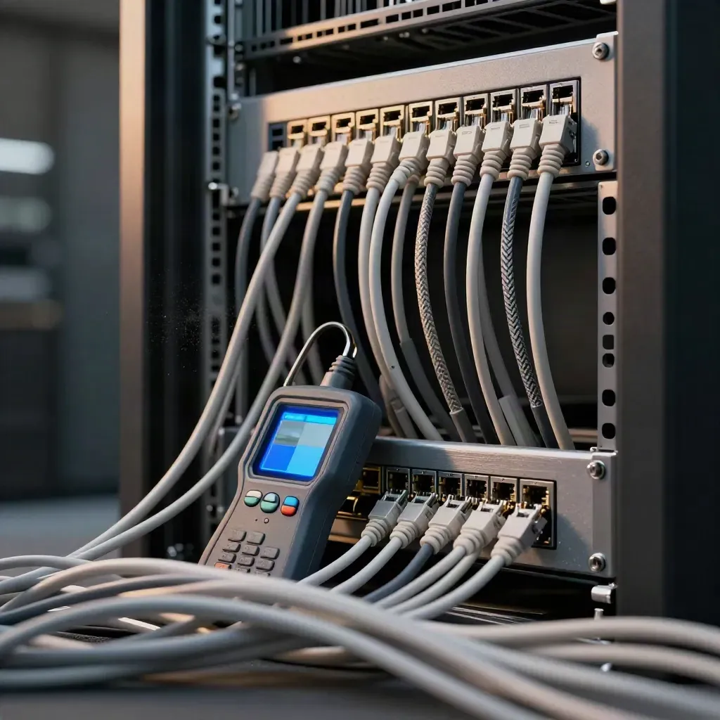 Netzwerktester und Patchpanel im Rack, von Kabeln im Vordergrund teilweise verdeckt