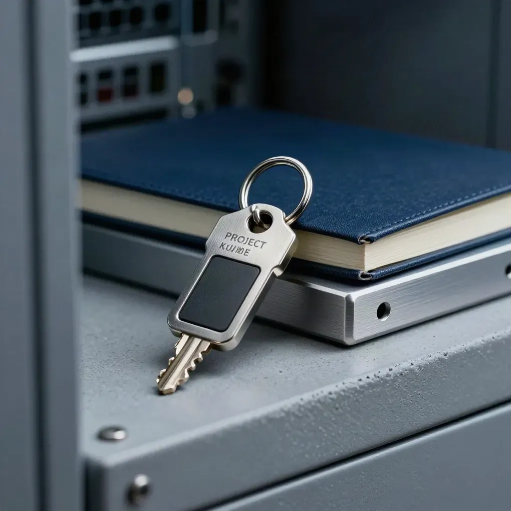 Schlüsselring, Access-Fob, Notizbuch und Metallblock im dramatischen Serverraum-Stillleben