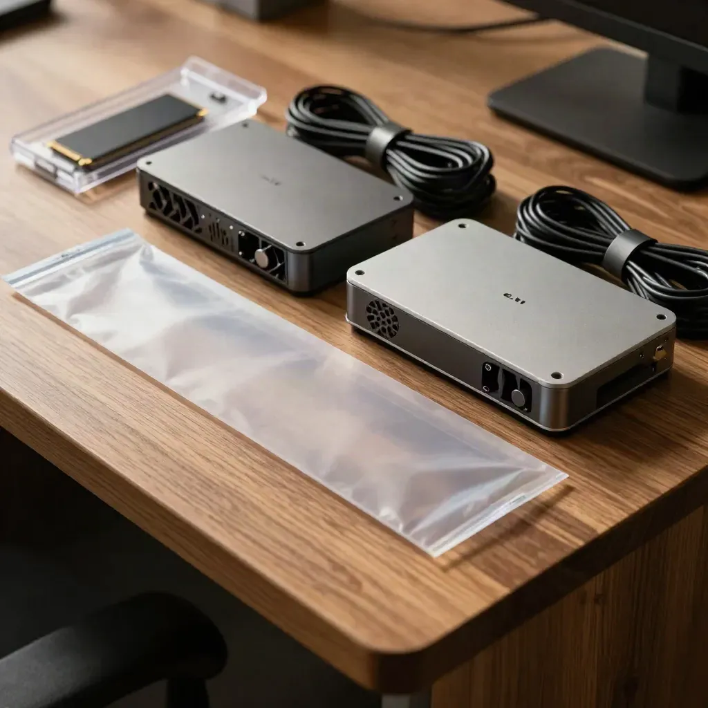 Anti-Statik-Sleeve, Deployment-Nodes und NVMe-Drives auf warmer Holzoberfläche.