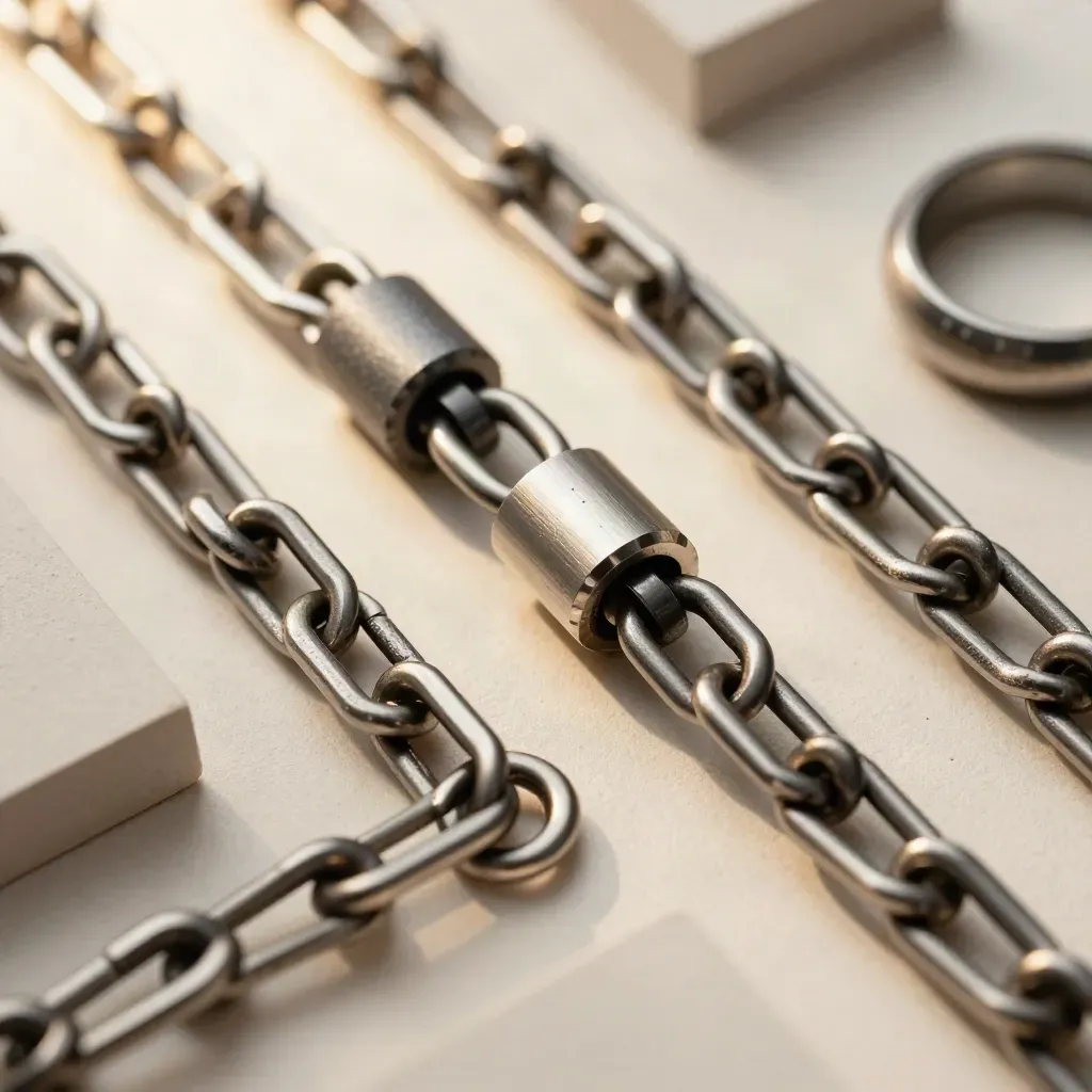 Makro von Metallringen, Steckverbindern und Modularblöcken auf hellem Stein.