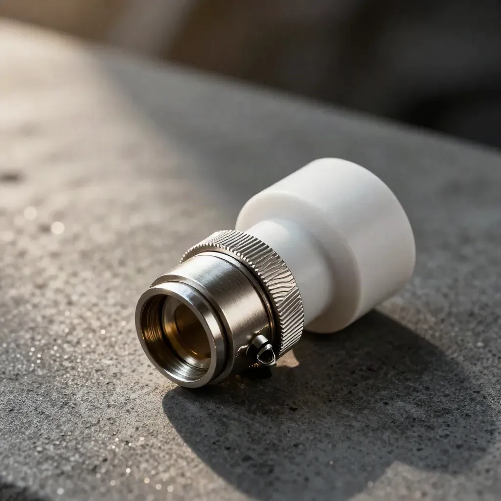 Sensor-Puck und Metallringe neben einem kompakten Connector-Assembly auf grauer Steinfläche.