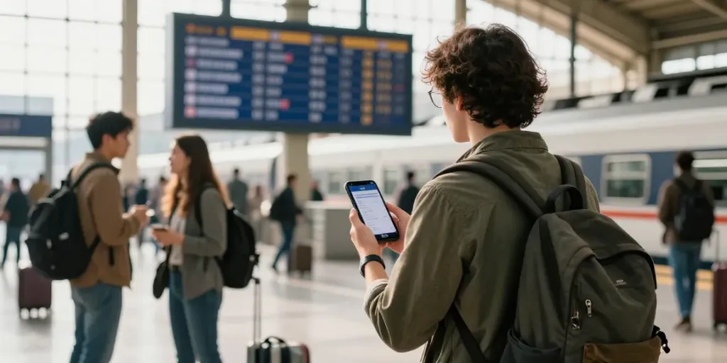 Warte auf Last-Minute-Zugtickets am Bahnhof mit Smartphone und Rucksack.